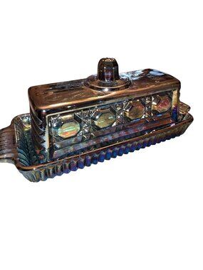 Indiana Glass Butter Dish Vintage Windsor Iridescent Blue Starburst JH8031